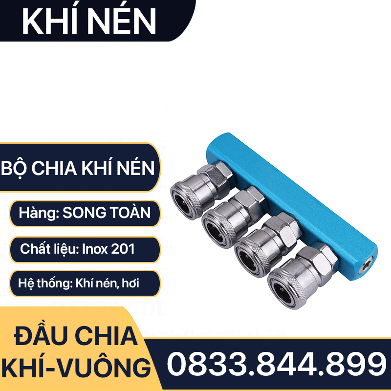 Bộ Chia Khí Nén Thân Vuông, Đầu Nối Vuông Chia 2, Chia 3, Chia 4, Chia 5 Nối Nhanh Khí Nén