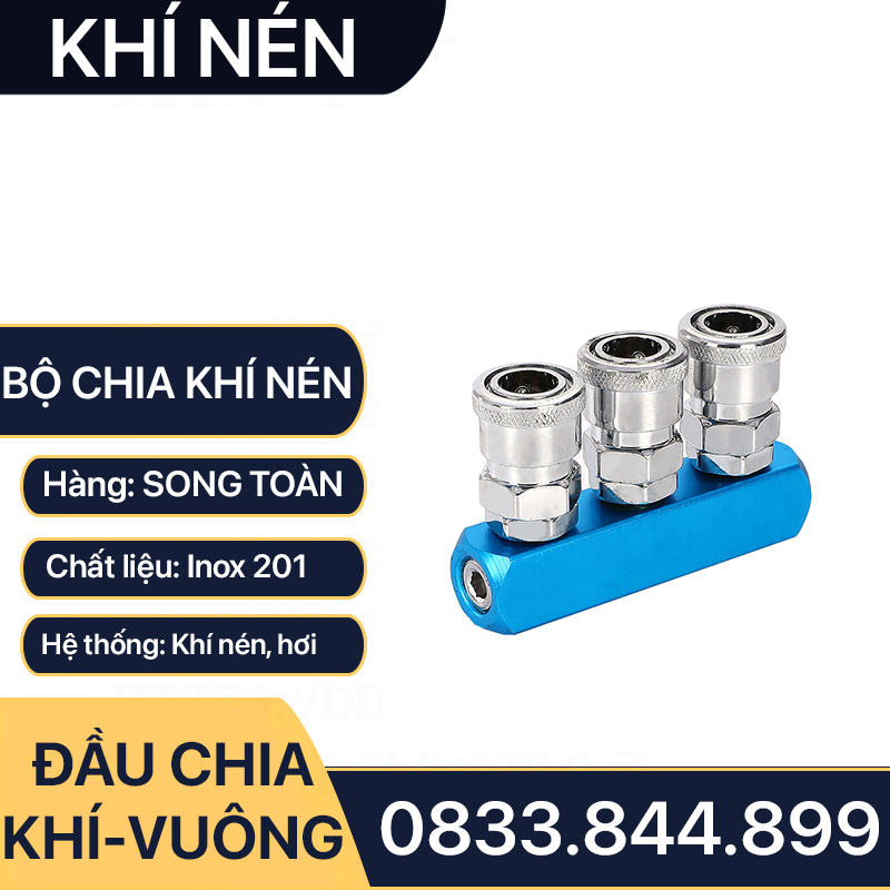 Bộ Chia Khí Nén Thân Vuông, Đầu Nối Vuông Chia 2, Chia 3, Chia 4, Chia 5 Nối Nhanh Khí Nén