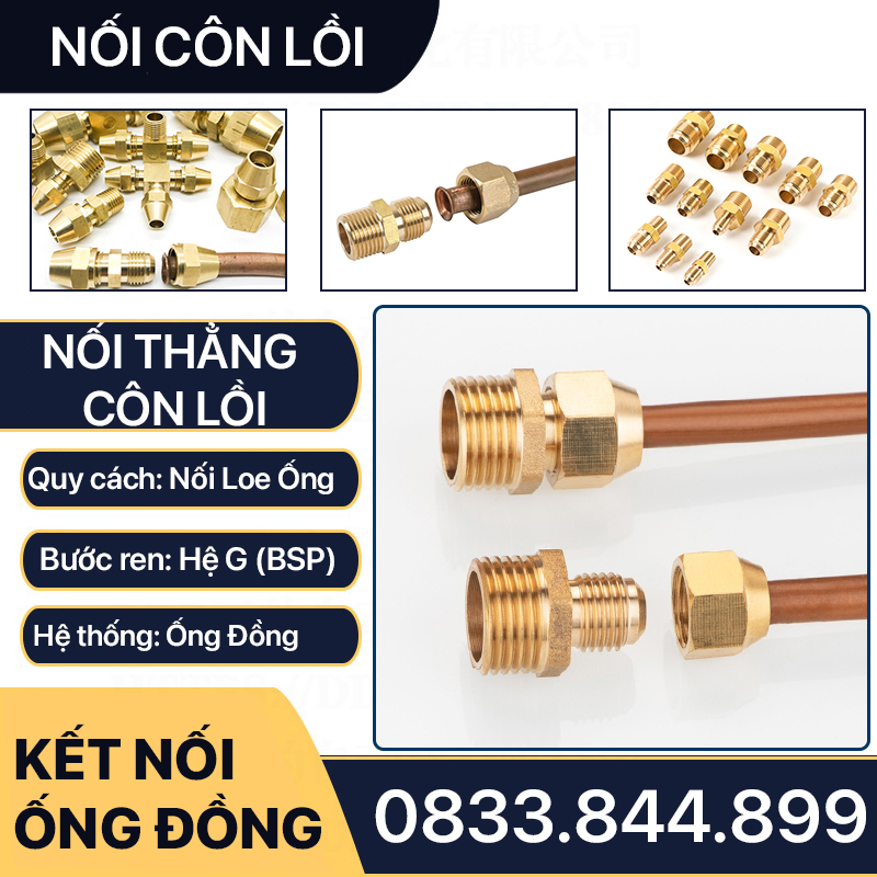 Bộ Nối Thẳng Ren Ngoài 1/2 (21) Côn Lồi Lã Ống Đồng NPT Phi 6 8 10 12 16 19mm (Brass Flare Fitting Male Connector NPT)