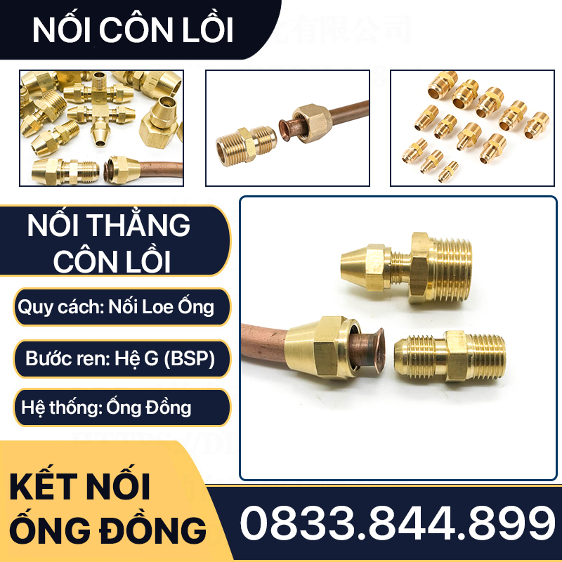 Bộ Nối Thẳng Ren Ngoài 1/2 (21) Côn Lồi Lã Ống Đồng NPT Phi 6 8 10 12 16 19mm (Brass Flare Fitting Male Connector NPT)