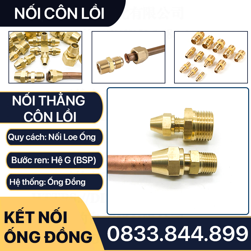 Bộ Nối Thẳng Ren Ngoài 1/2 (21) Côn Lồi Lã Ống Đồng NPT Phi 6 8 10 12 16 19mm (Brass Flare Fitting Male Connector NPT)