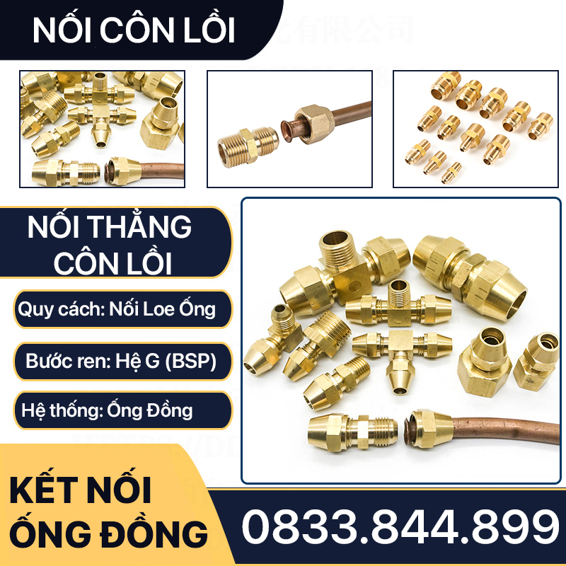 Bộ Nối Thẳng Ren Ngoài 1/2 (21) Côn Lồi Lã Ống Đồng NPT Phi 6 8 10 12 16 19mm (Brass Flare Fitting Male Connector NPT)