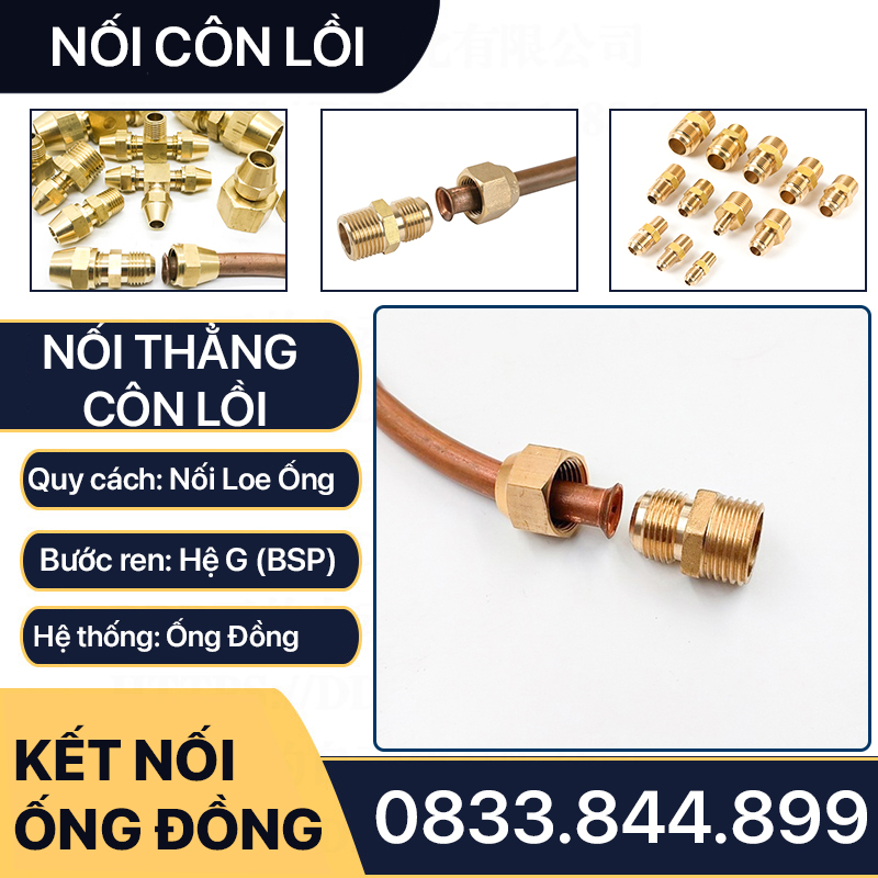 Bộ Nối Thẳng Ren Ngoài 1/2 (21) Côn Lồi Lã Ống Đồng NPT Phi 6 8 10 12 16 19mm (Brass Flare Fitting Male Connector NPT)