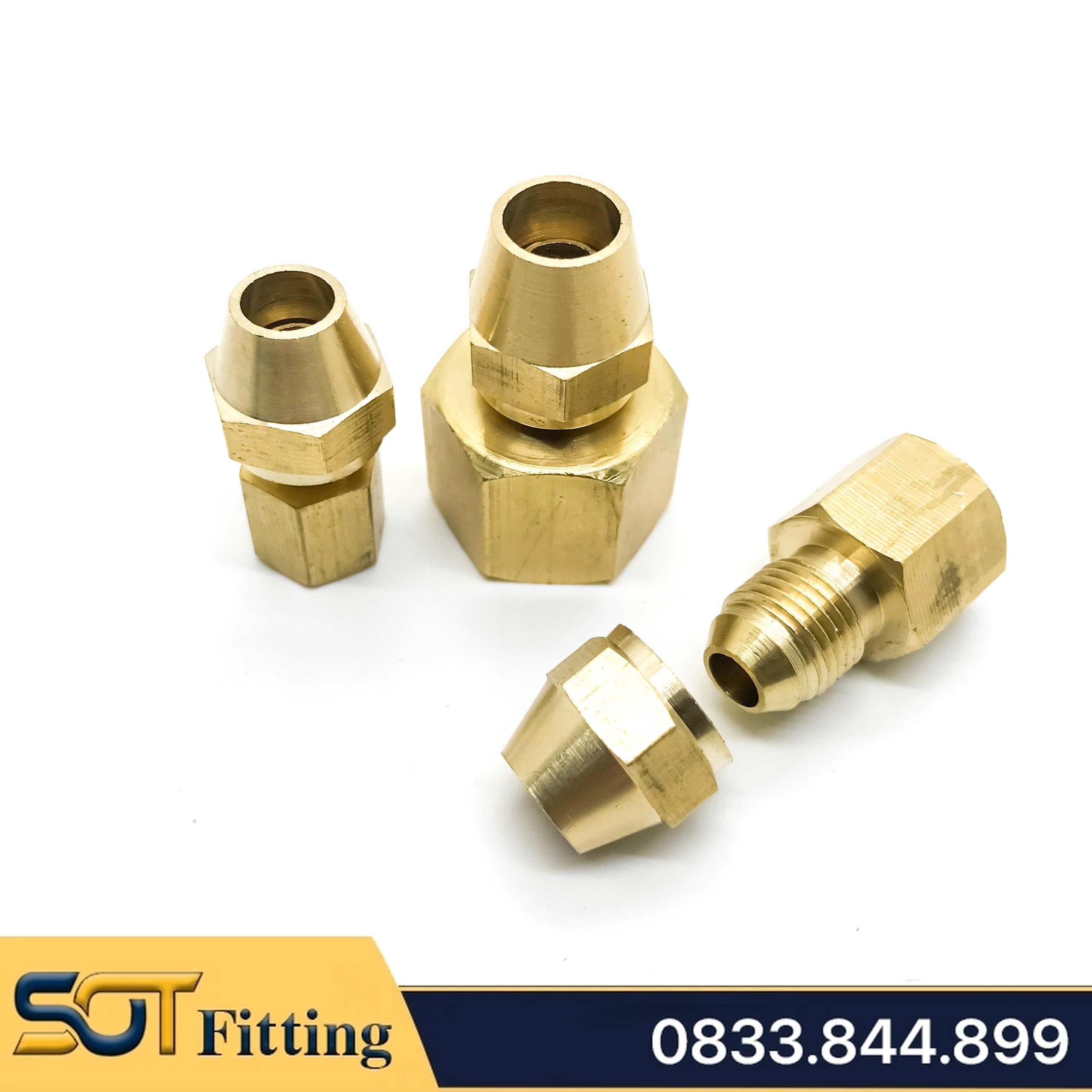 Bộ Nối Thẳng Ren Trong Côn Lồi Lắp Lã Ống Đồng SAE Phi 6 8 10 12 16 19mm (Brass Flare Fitting Female Connector NPT)