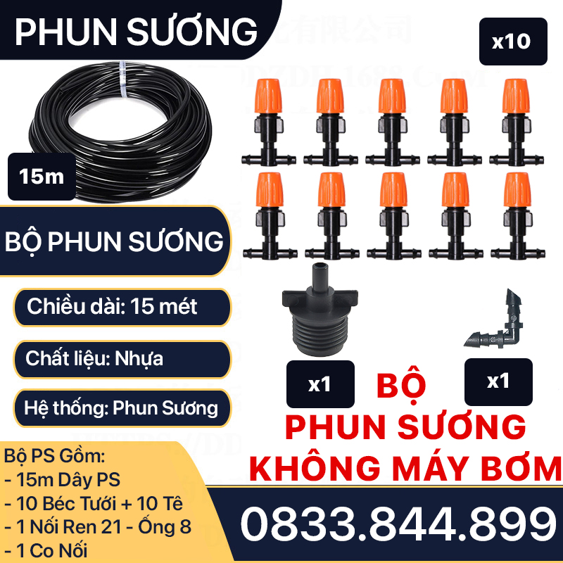 Bộ Phun Sương Gia Đình, Giàn Phun Sương 10 Béc Cam Nhựa KHÔNG MÁY BƠM Hạt Mịn Cho Vườn 10-15m2