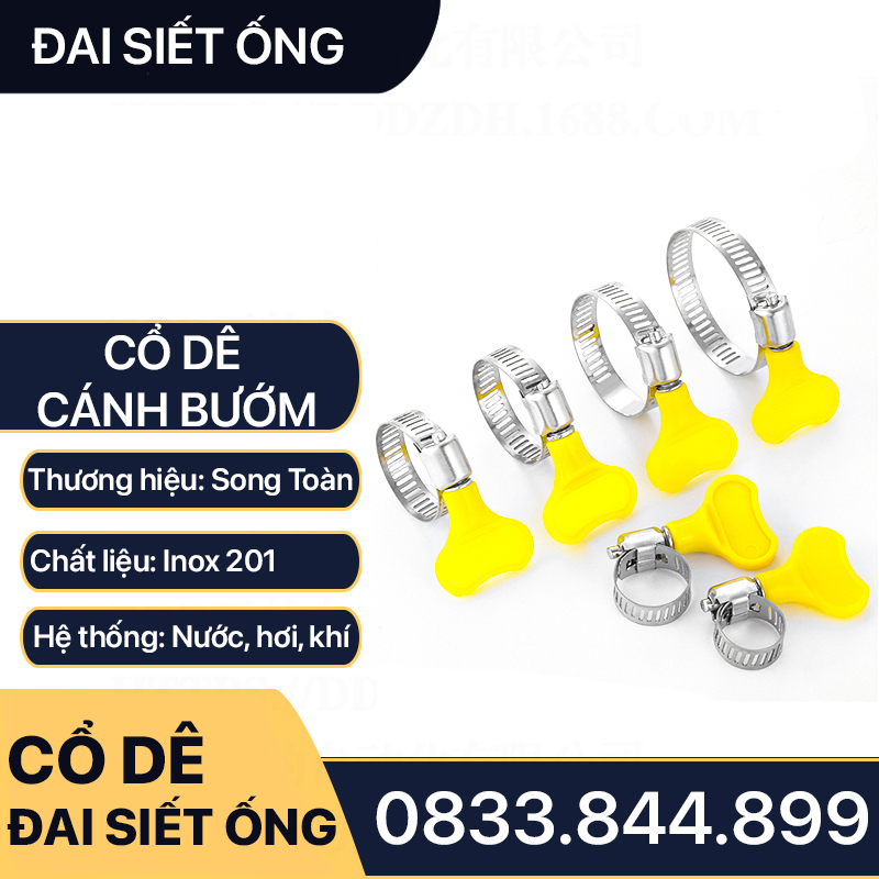 Cổ Dê Cánh Bướm, Đai Siết Ống Inox 201 Tay Vặn Nhựa