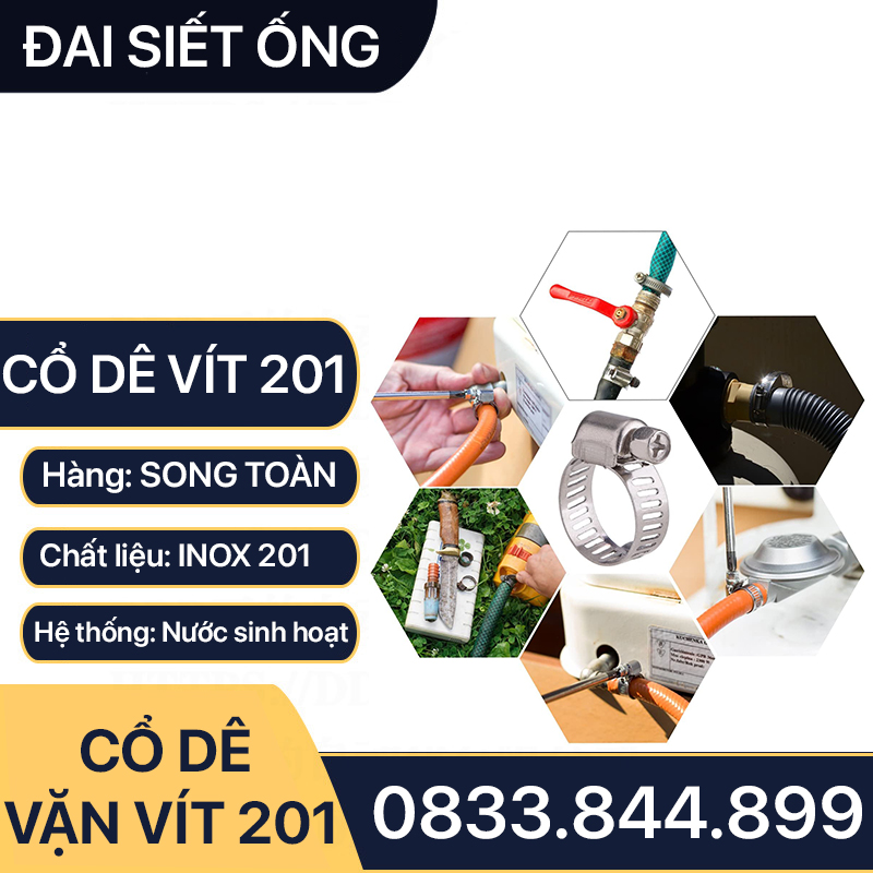 Cổ Dê Vặn Vít Inox 201, Quai Nhê Đai Siết Ống Mềm Inox 201