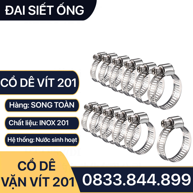 Cổ Dê Vặn Vít Inox 201, Quai Nhê Đai Siết Ống Mềm Inox 201