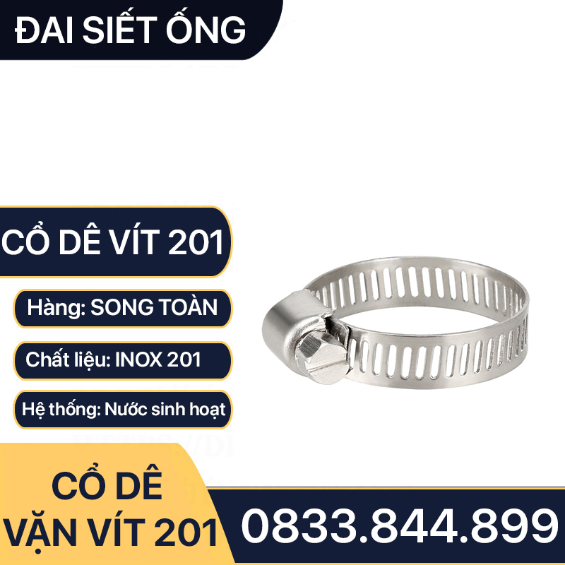 Cổ Dê Vặn Vít Inox 201, Quai Nhê Đai Siết Ống Mềm Inox 201