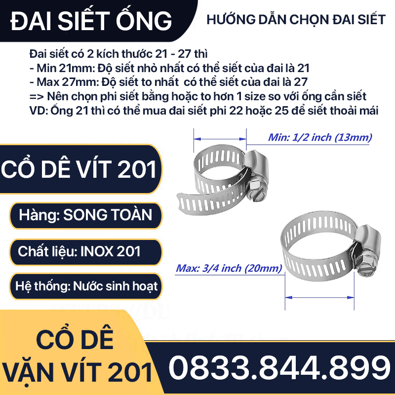 Cổ Dê Vặn Vít Inox 201, Quai Nhê Đai Siết Ống Mềm Inox 201