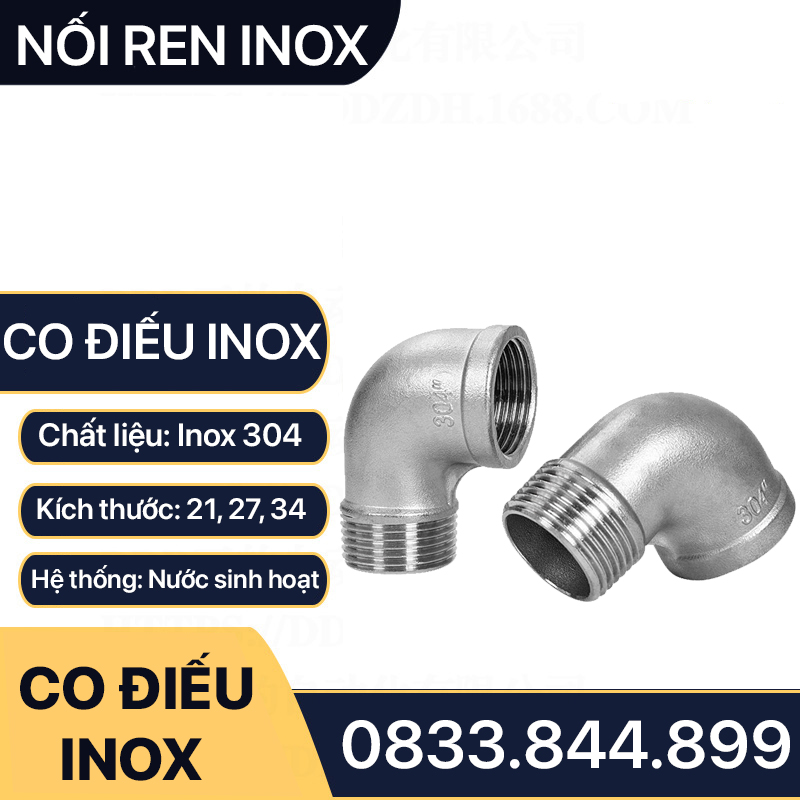 Co Điếu Inox 21, Co Ren Trong Ren Ngoài 21 27 34 Inox