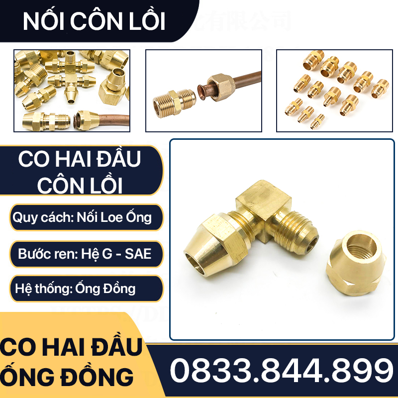 Bộ Nối Co Hai Đầu Côn Lồi Lắp Lã Ống Đồng NPT Phi 6 8 10 12 16mm (Brass Flare Fitting Elbow Connector NPT)