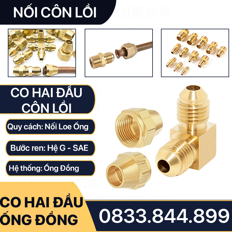 Bộ Nối Co Hai Đầu Côn Lồi Lắp Lã Ống Đồng NPT Phi 6 8 10 12 16mm (Brass Flare Fitting Elbow Connector NPT)