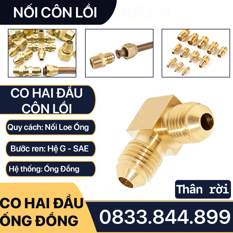 Bộ Nối Co Hai Đầu Côn Lồi Lắp Lã Ống Đồng NPT Phi 6 8 10 12 16mm (Brass Flare Fitting Elbow Connector NPT)