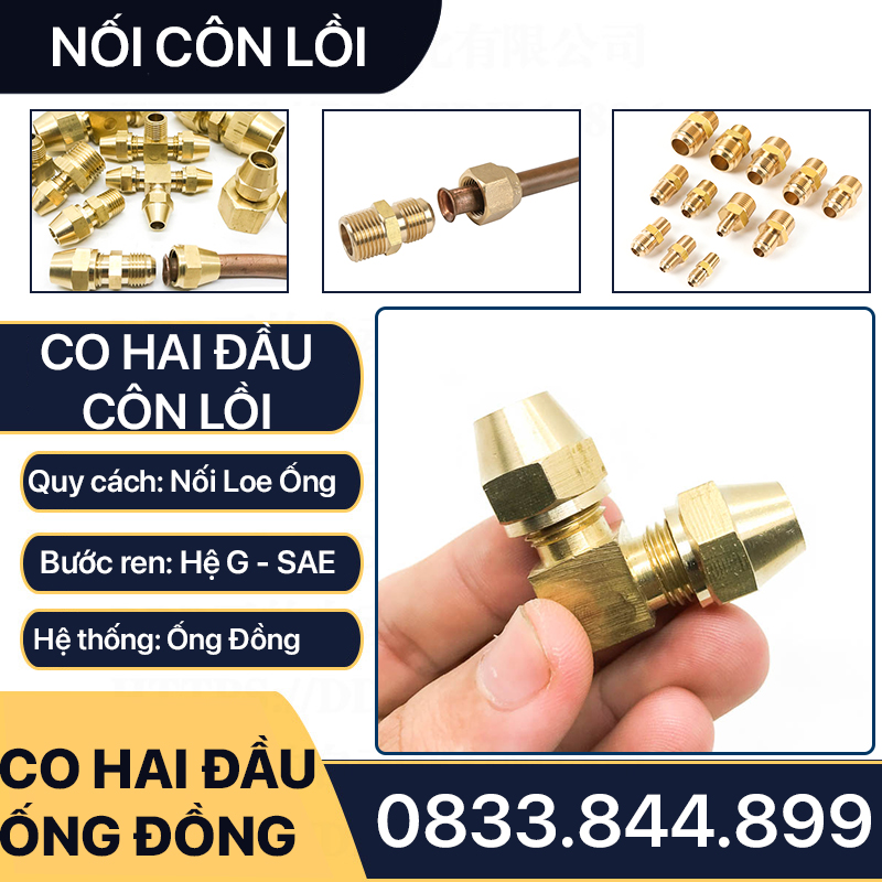 Bộ Nối Co Hai Đầu Côn Lồi Lắp Lã Ống Đồng NPT Phi 6 8 10 12 16mm (Brass Flare Fitting Elbow Connector NPT)