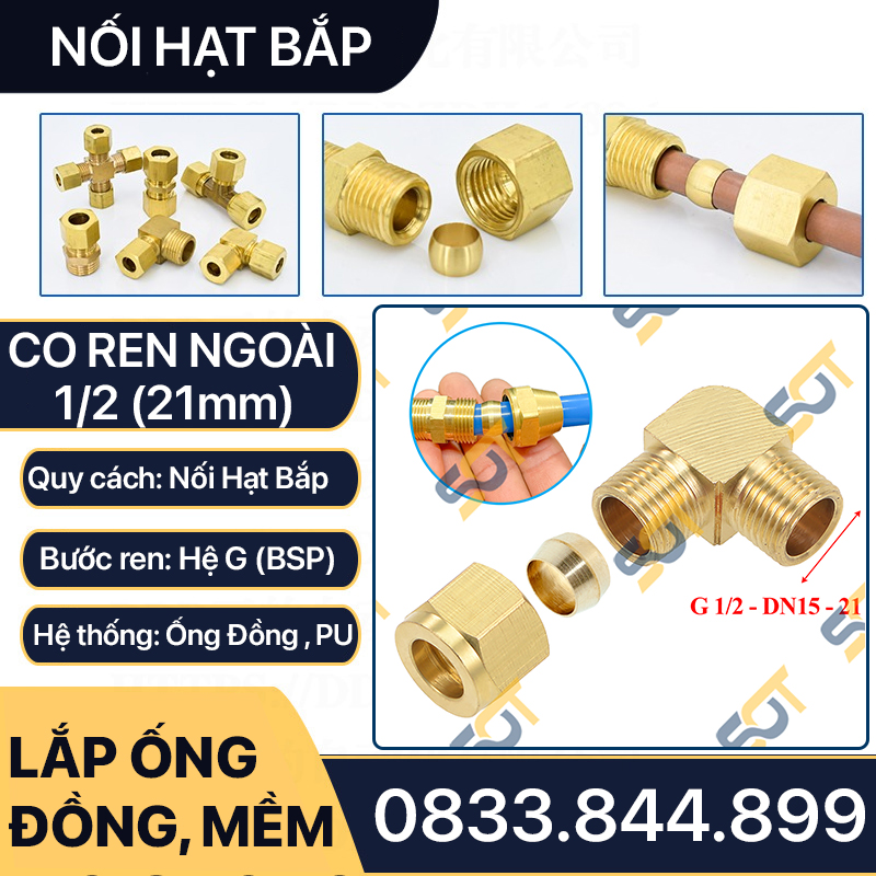 Co Ren Ngoài 1/2 (21), 1 Đầu Ren 1 Đầu Côn Lõm Hạt Bắp NPT Nối Ống Đồng, Ống PU