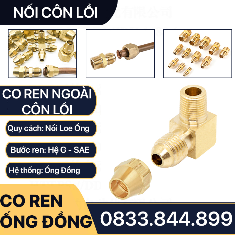 Bộ Nối Co Ren Ngoài Côn Lồi Lắp Lã Ống Đồng NPT Phi 6 8 10 12 16 19mm (Brass Flare Fitting Female Connector NPT)