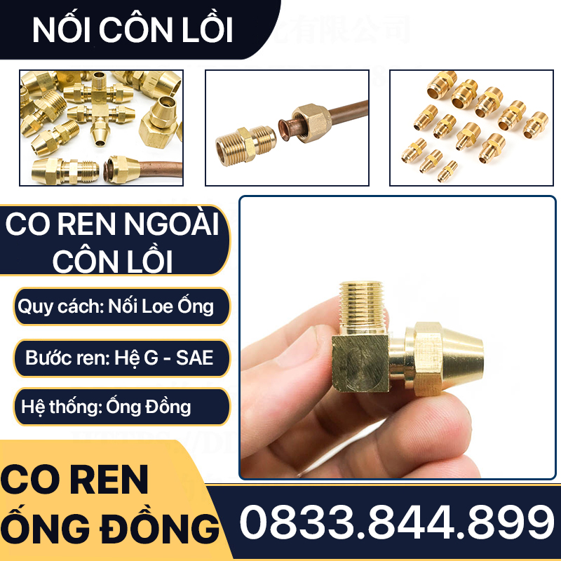 Bộ Nối Co Ren Ngoài Côn Lồi Lắp Lã Ống Đồng NPT Phi 6 8 10 12 16 19mm (Brass Flare Fitting Female Connector NPT)