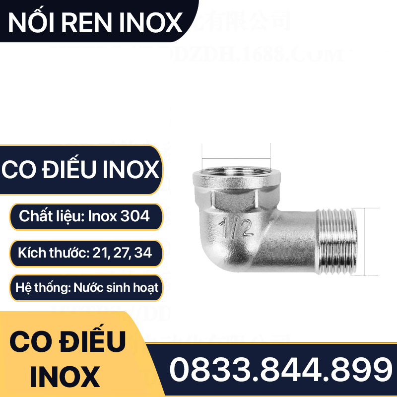 Co Điếu Inox 21, Co Ren Trong Ren Ngoài 21 27 34 Inox