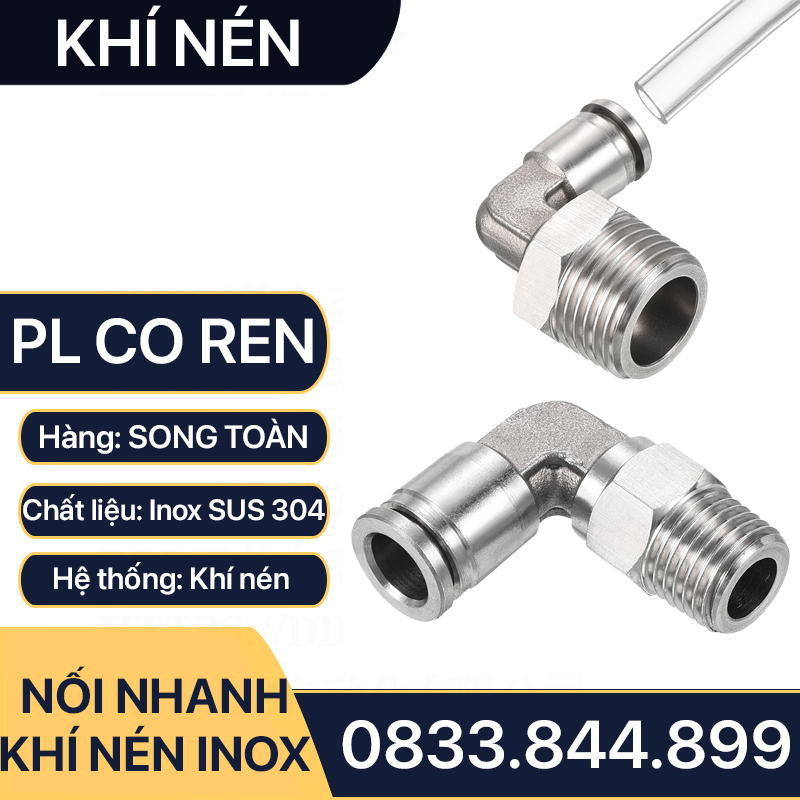 IPL Co Ren Ngoài Nối Nhanh Inox 304, Đầu Nối Co Nhanh Ren Ngoài Cắm Ống PU Inox 304