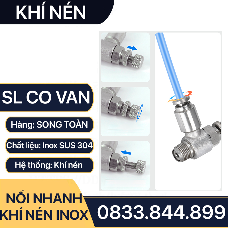 ISL Co Van Tiết Lưu Nối Nhanh Inox 304, Van Tiết Lưu Tê Nhanh Ren Ngoài Cắm Ống PU Inox 304