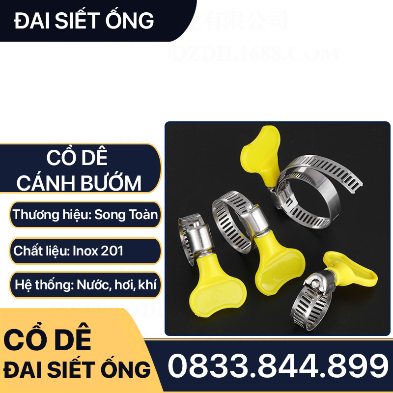 Cổ Dê Cánh Bướm, Đai Siết Ống Inox 201 Tay Vặn Nhựa