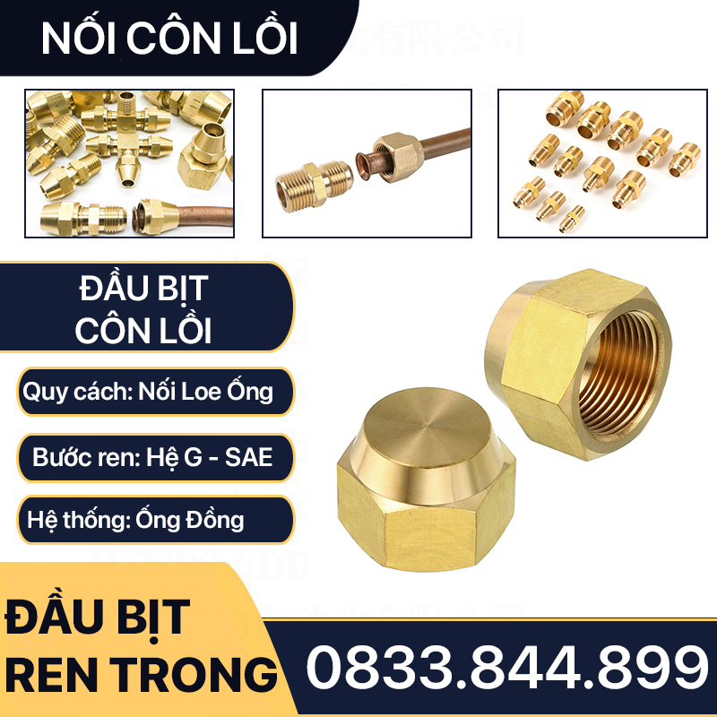 Đầu Bịt Ren Trong Côn Lồi Lã Ống Đồng, Bít Ren Ngoài Lã Ống Đồng NPT Phi 6 8 10 12 16mm (Brass Flare Fitting Cap NPT)