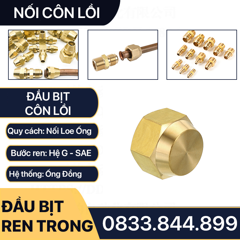 Đầu Bịt Ren Trong Côn Lồi Lã Ống Đồng, Bít Ren Ngoài Lã Ống Đồng NPT Phi 6 8 10 12 16mm (Brass Flare Fitting Cap NPT)