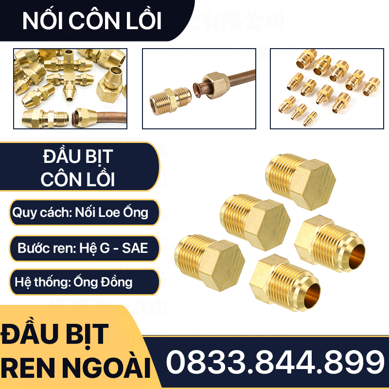 Đầu Bịt Ren Ngoài Côn Lồi Lã Ống Đồng, Bít Ren Ngoài Lã Ống Đồng NPT Phi 6 8 10 12 16 19mm (Brass Flare Fitting Cap NPT)