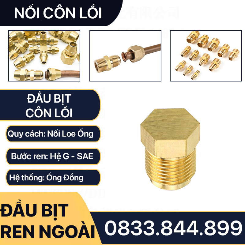 Đầu Bịt Ren Ngoài Côn Lồi Lã Ống Đồng, Bít Ren Ngoài Lã Ống Đồng NPT Phi 6 8 10 12 16 19mm (Brass Flare Fitting Cap NPT)