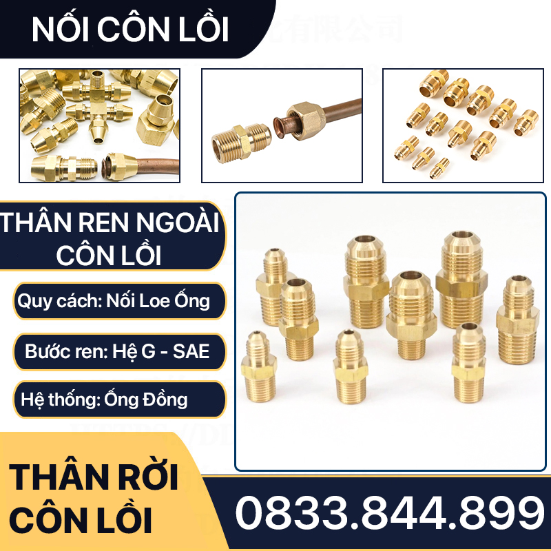 Thân Nối Thẳng Ren Ngoài Côn Lồi Lã Ống Đồng NPT Phi 6 8 10 12 16 19mm (Brass Flare Fitting Male Connector NPT)