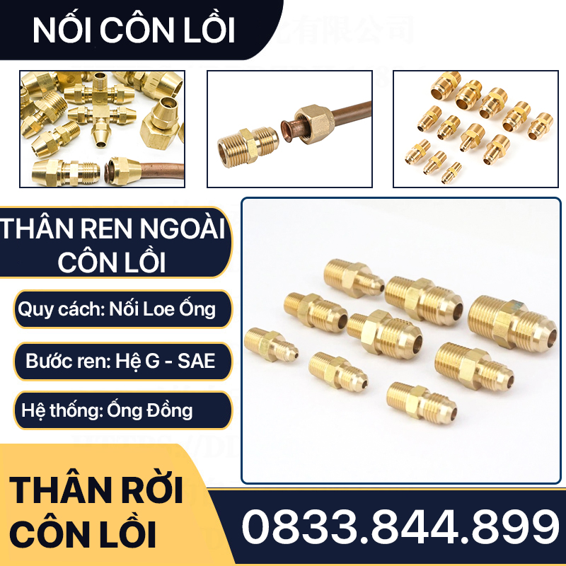 Thân Nối Thẳng Ren Ngoài Côn Lồi Lã Ống Đồng NPT Phi 6 8 10 12 16 19mm (Brass Flare Fitting Male Connector NPT)