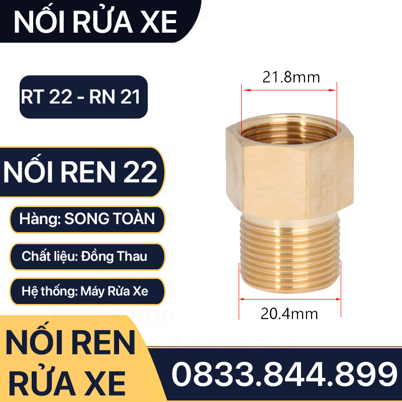 Nối Ren 22 Rửa Xe, Đầu Nối Áp Lực Máy Rửa Xe Ren 22 - 21, 22 - 17, 22 - 14, 22 - 13mm Đồng Thau