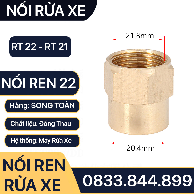 Nối Ren 22 Rửa Xe, Đầu Nối Áp Lực Máy Rửa Xe Ren 22 - 21, 22 - 17, 22 - 14, 22 - 13mm Đồng Thau