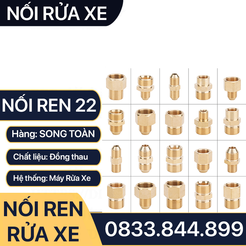 Nối Ren 22 Rửa Xe, Đầu Nối Áp Lực Máy Rửa Xe Ren 22 - 21, 22 - 17, 22 - 14, 22 - 13mm Đồng Thau