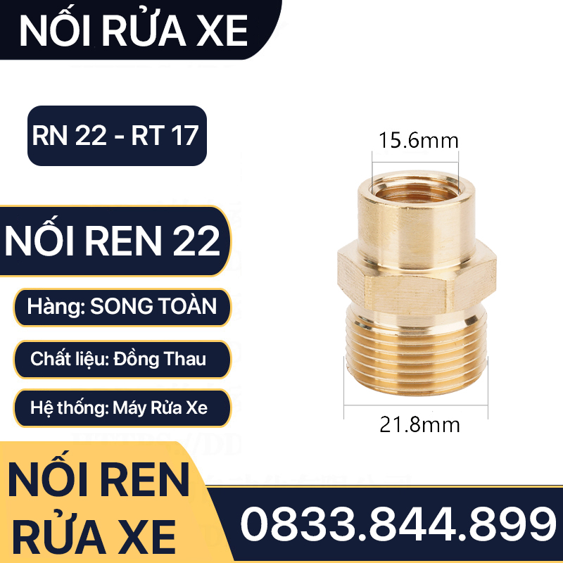 Nối Ren 22 Rửa Xe, Đầu Nối Áp Lực Máy Rửa Xe Ren 22 - 21, 22 - 17, 22 - 14, 22 - 13mm Đồng Thau