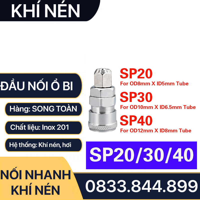 Khớp Nối Nhanh SP PP Khí Nén Siết Ống, Bộ Nối Nhanh Ổ Bi Cắm Siết Ống 8 10 12