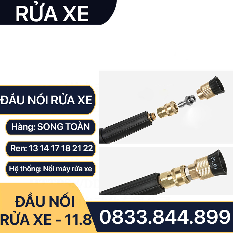 Khớp Nối Nhanh Máy Rửa Xe, Đầu Nối Nhanh Cao Áp Rửa Xe Đồng Thau Ren 13 14 17 18 21 22mm - Lỗ Trong 11.8mm