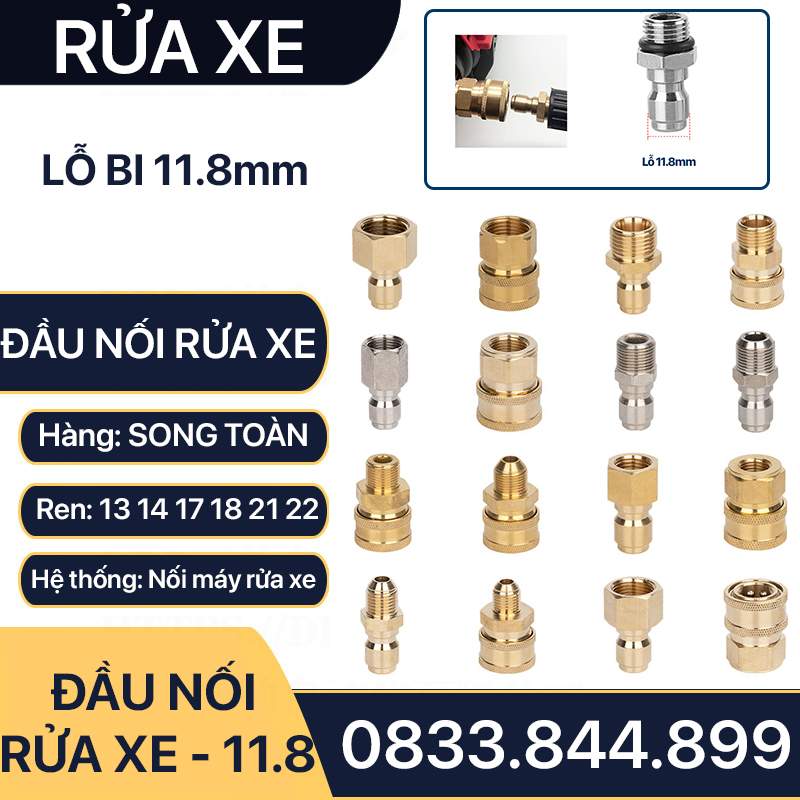 Khớp Nối Nhanh Máy Rửa Xe, Đầu Nối Nhanh Cao Áp Rửa Xe Đồng Thau Ren 13 14 17 18 21 22mm - Lỗ Trong 11.8mm