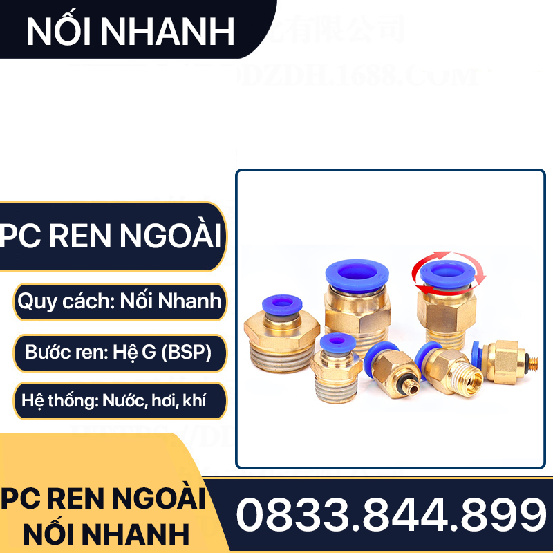 PC Ren Ngoài Nối Nhanh, Đầu Nối Nhanh Ren Ngoài Cắm Ống PU