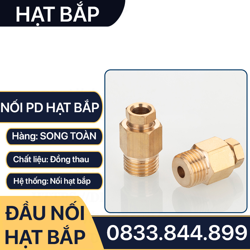 Đầu Nối Hạt Bắp Ống Phi 4mm, Đầu Nối Thẳng Hạt Bắp PD Series - Lắp Ống Đồng, Ống Mềm