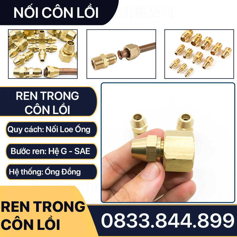 Bộ Nối Thẳng Ren Trong 1/2 (21) Côn Lồi Lắp Lã Ống Đồng NPT Phi 6 8 10 12 16 19mm (Brass Flare Fitting Female Connector NPT)