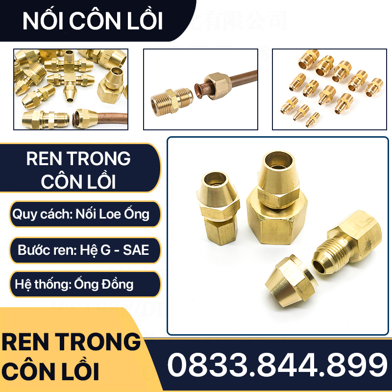 Bộ Nối Thẳng Ren Trong Côn Lồi Lắp Lã Ống Đồng NPT Phi 6 8 10 12 16 19mm (Brass Flare Fitting Female Connector NPT)