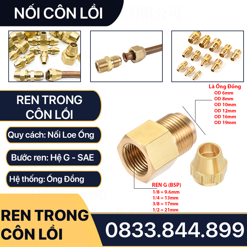 Thân Nối Thẳng Ren Trong Côn Lồi Lắp Lã Ống Đồng NPT Phi 6 8 10 12 16 19mm (Brass Flare Fitting Female Connector NPT)