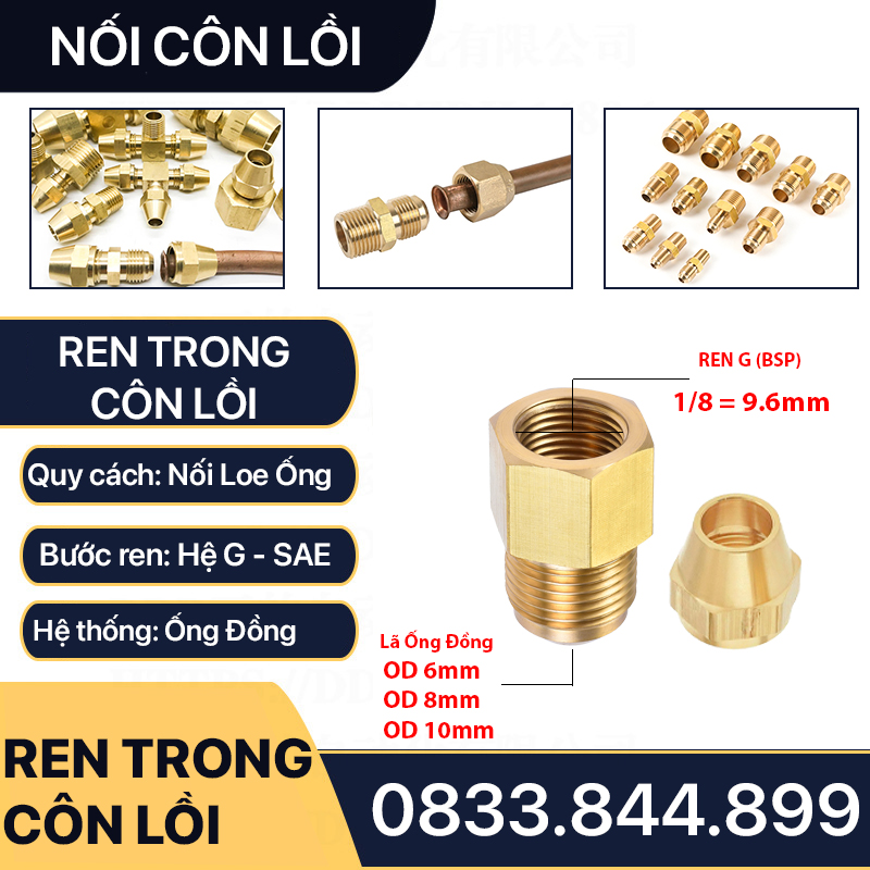 Bộ Nối Thẳng Ren Trong 1/8 (9.6m) Côn Lồi Lắp Lã Ống Đồng NPT Phi 6 8 10mm (Brass Flare Fitting Female Connector NPT)