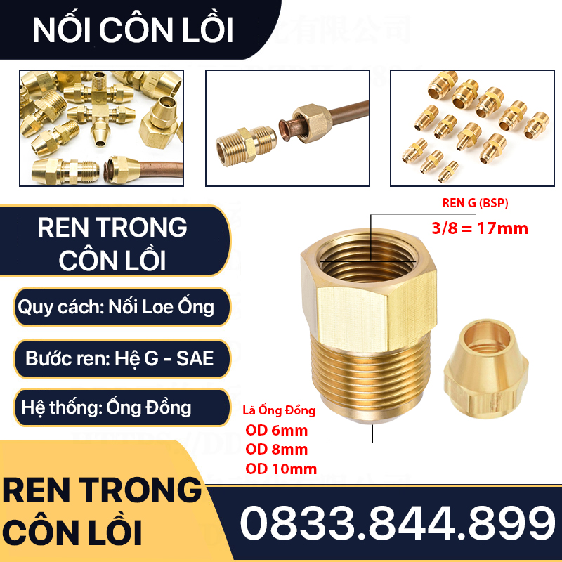 Bộ Nối Thẳng Ren Trong Côn Lồi Lắp Lã Ống Đồng NPT Phi 6 8 10 12 16 19mm (Brass Flare Fitting Female Connector NPT)