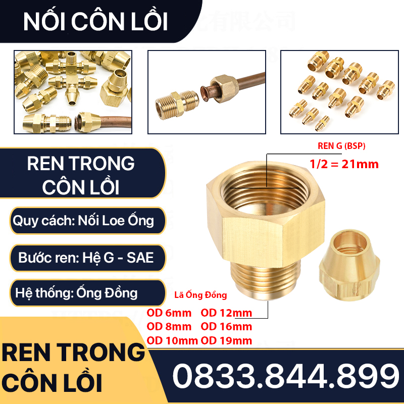 Bộ Nối Thẳng Ren Trong 1/2 (21) Côn Lồi Lắp Lã Ống Đồng NPT Phi 6 8 10 12 16 19mm (Brass Flare Fitting Female Connector NPT)