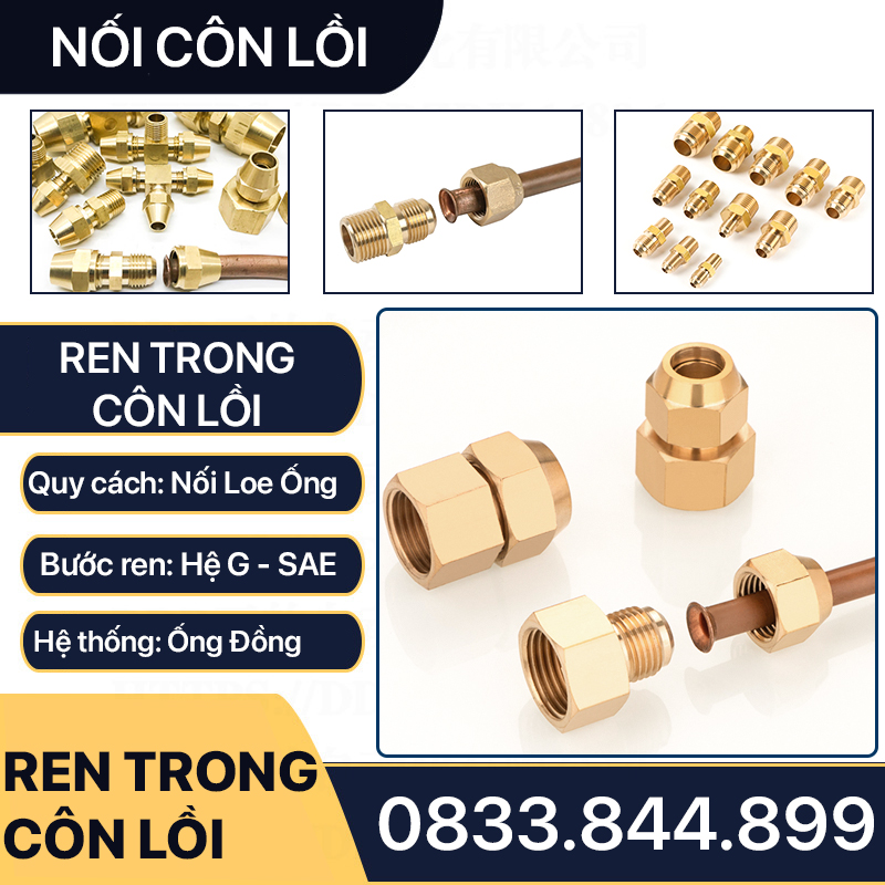 Bộ Nối Thẳng Ren Trong 1/2 (21) Côn Lồi Lắp Lã Ống Đồng NPT Phi 6 8 10 12 16 19mm (Brass Flare Fitting Female Connector NPT)