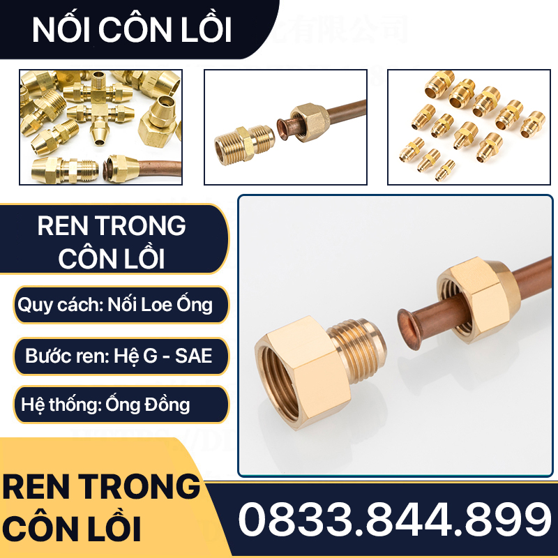 Bộ Nối Thẳng Ren Trong 1/4 (13mm) Côn Lồi Lắp Lã Ống Đồng NPT Phi 6 8 10 12mm (Brass Flare Fitting Female Connector NPT)