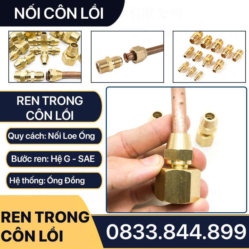 Bộ Nối Thẳng Ren Trong 1/2 (21) Côn Lồi Lắp Lã Ống Đồng NPT Phi 6 8 10 12 16 19mm (Brass Flare Fitting Female Connector NPT)